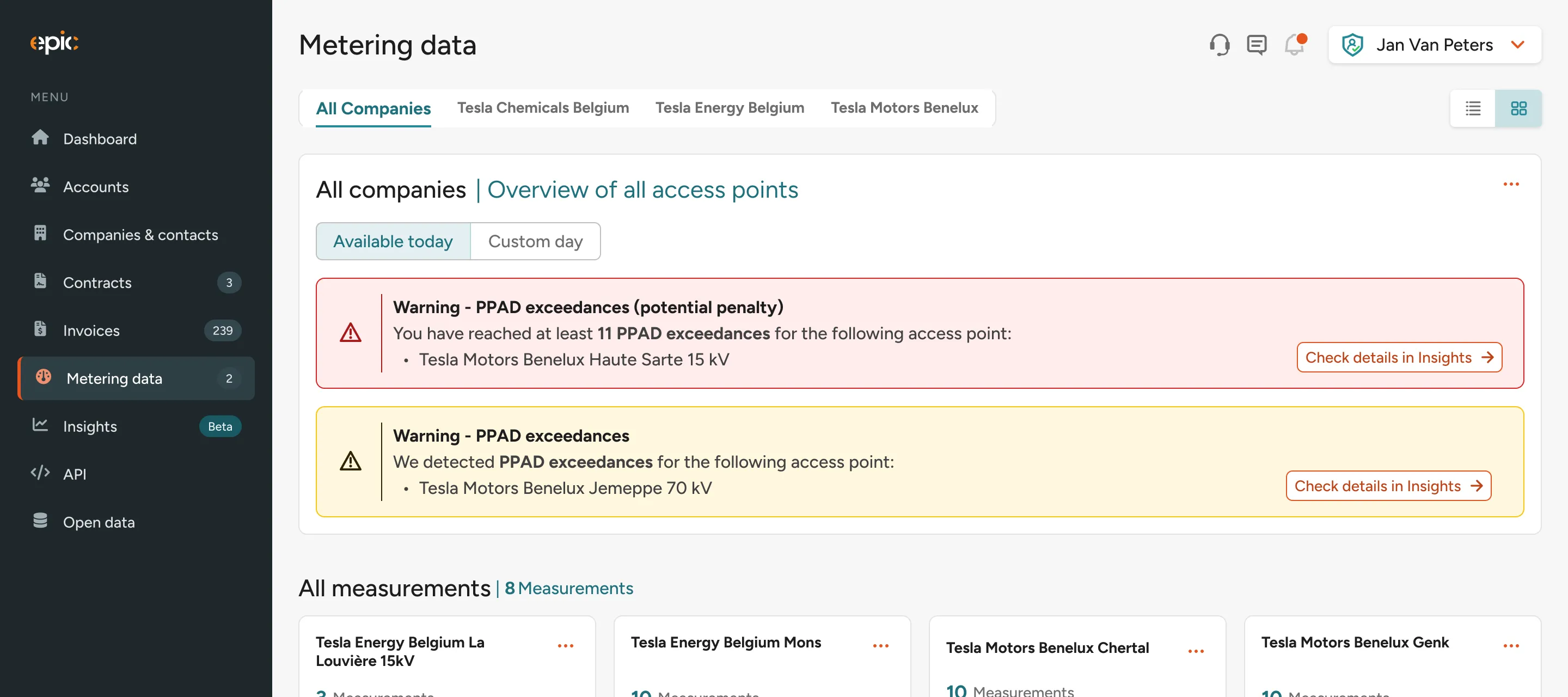 Vue Metering data d'EPIC, repensée en 2026 sur Nova avec des données fictives : sous les onglets des sociétés, une alerte rouge signale au moins 11 dépassements de PPAD, avec pénalité possible, pour le point Haute Sarte 15 kV, et une alerte jaune des dépassements pour Jemeppe 70 kV, chacune avec un lien vers Insights.